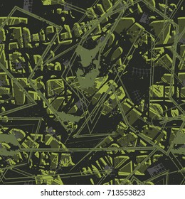 Abstract seamless geometric pattern. Camouflage retreated backdrop for boys, textile, clothes, wrapping paper. Green grunge wallpaper with curved lines, multilayer background.   