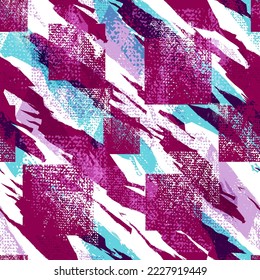 Abstract seamless geometric pattern. Canvas Grungy textured background with chequered shape. Geometrical cover print for sport textile, fashion clothes, wrapping paper. Grunge Squares repeat ornament