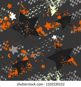 Abstract seamless geometric pattern with chequered ornament lines, stars, dots. Grunge urban repeated backdrop for boy, sport textile, clothes, wrapping paper. Geometrical wall repeat ornament. 