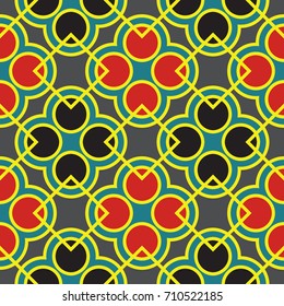 Abstract seamless geometric pattern with circles and squares of blue, red, yellow, gray, and black shades