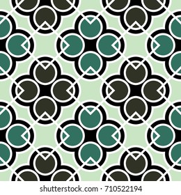 Abstract seamless geometric pattern with circles and squares of green, white, black, and gray shades