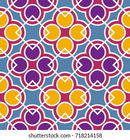 Abstract seamless geometric pattern with circles and squares of blue, purple, violet, yellow, and white shades