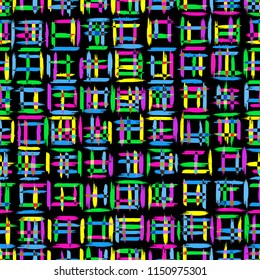 Abstract seamless geometric pattern with city elements frayed sprays triangles neon paint colored high-quality vector illustration in graffiti style for your design