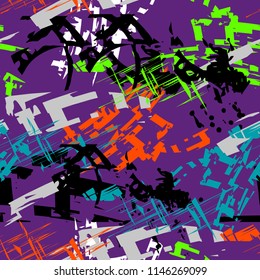 Abstract seamless geometric pattern with colorful bite elements on purple background. grunge urban repeated backdrop for textile, clothes, wrapping paper. Bite geometrical elements. 