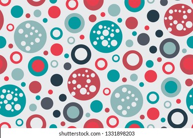 Abstract seamless geometric pattern with colorful circles (red, blue, turquoise) on white background. Modern fashion print. Vector art illustration.