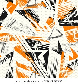 Abstract seamless geometric pattern. Colorful sport style vector illustration. Modern grunge urban art texture with chaotic lines, triangles, dots, brush strokes. Black, orange, gray and beige color