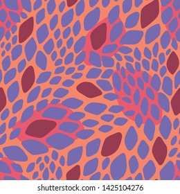 Abstract seamless geometric pattern. Colorful rhombuses. Stylish background with hand drawn scale. Squama. Snake skin texture. Vector illustration with leaves. 
