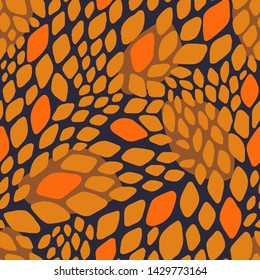 Abstract seamless geometric pattern. Colorful rhombuses. Stylish background with hand drawn scale. Squama. Snake skin texture. Vector illustration with leaves. 