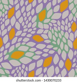 Abstract seamless geometric pattern. Colorful rhombuses. Stylish background with hand drawn scale. Squama. Snake skin texture. Vector illustration with leaves. 