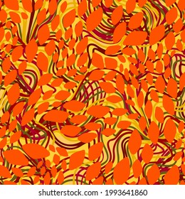 Abstract seamless geometric pattern with colorful shapes on twisted lines background. Stylish design with leaves silhouettes. Squama. Snake skin texture. Modern flat style. Good for fabric and textile