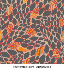 Abstract seamless geometric pattern with colorful shapes on twisted lines background. Stylish design with leaves silhouettes. Squama. Snake skin texture. Modern flat style. Good for fabric and textile