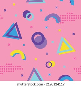 Resumen de patrón geométrico sin fisuras, colorido, divertido, estético de los años 90, diseño fresco, fondo rosa