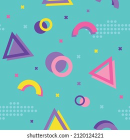 Abstract seamless geometric pattern, colorful, fun, 90s aesthetic, cool design, cyan background
