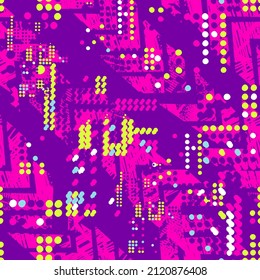 Abstract seamless geometric pattern with colorful dots. Technology repeat print on pink and purple background.