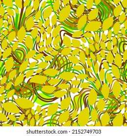 Abstract seamless geometric pattern with colorful shapes on twisted lines background. Stylish design with leaves silhouettes. Squama. Snake skin texture. Modern flat style. Good for fabric and textile