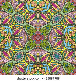 Abstract seamless geometric pattern. Colorful graphic floral seamless background with endless repeating texture. Tribal ethnic arabic, indian, turkish ornament, doodle vector illustration.