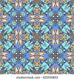 Abstract seamless geometric pattern. Colorful graphic floral seamless background with endless repeating texture. Tribal ethnic arabic, indian, turkish ornament, doodle vector illustration.