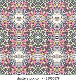 Abstract seamless geometric pattern. Colorful graphic floral seamless background with endless repeating texture. Tribal ethnic arabic, indian, turkish ornament, doodle vector illustration.