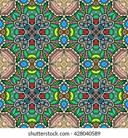 Abstract seamless geometric pattern. Colorful graphic floral seamless background with repeating texture. Tribal ethnic arabic, indian, turkish ornament, doodle vector illustration.