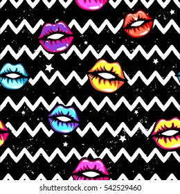 Abstract seamless geometric pattern with colorful kiss lips. Shape textute, stars with curved zigzag lines. Repeated fashion backdrop for girls, textile, wrapping paper