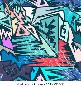 Abstract seamless geometric pattern with curved lines, dots, Shabby shape elements, colorful spray paint ink. Grunge urban pattern for boy, girl, sport clothes, wrapping paper.