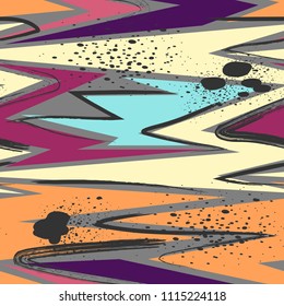 Abstract seamless geometric pattern with curved lines, dots, Shabby shape elements, colorful spray paint ink. Grunge urban pattern for boy, girl, sport clothes, wrapping paper. Gradient colors