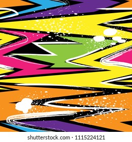 Abstract seamless geometric pattern with curved lines, dots, Shabby shape elements, colorful spray paint ink. Grunge urban pattern for boy, girl, sport clothes, wrapping paper. Gradient colors