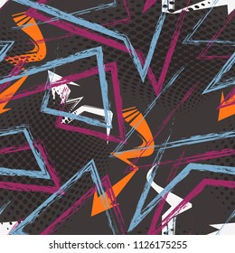 Abstract seamless geometric pattern with curved lines, dots, Shabby shape elements, colorful spray paint ink. Grunge urban pattern for boy, girl, sport clothes, wrapping paper.