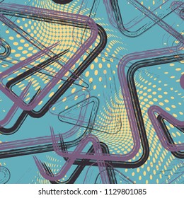 Abstract seamless geometric pattern with curved lines, dots, Shabby shape elements, colorful spray paint ink. Grunge urban pattern for boy, girl, sport clothes, wrapping paper.
