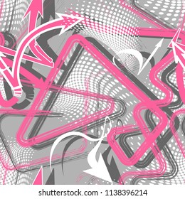 Abstract seamless geometric pattern with curved lines, dots, Shabby shape elements, colorful spray paint ink. Grunge urban pattern for boy, girl, sport clothes, wrapping paper.