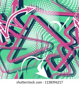 Abstract seamless geometric pattern with curved lines, dots, Shabby shape elements, colorful spray paint ink. Grunge urban pattern for boy, girl, sport clothes, wrapping paper.