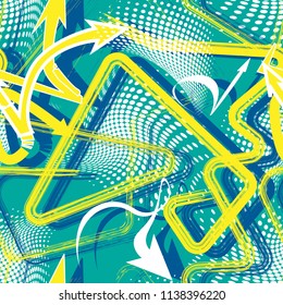Abstract seamless geometric pattern with curved lines, dots, Shabby shape elements, colorful spray paint ink. Grunge urban pattern for boy, girl, sport clothes, wrapping paper.