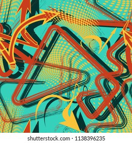 Abstract seamless geometric pattern with curved lines, dots, Shabby shape elements, colorful spray paint ink. Grunge urban pattern for boy, girl, sport clothes, wrapping paper.