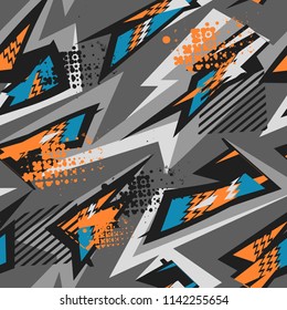 Abstract seamless geometric pattern with curved across lines, irregular shape, arrows, triangles, lines, dots. grunge urban repeated backdrop for boy, sport textile, clothes, wrapping paper.  