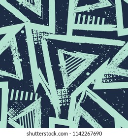 Abstract seamless geometric pattern with curved lines, triangles, dots. grunge urban repeated backdrop for boy, sport textile, clothes, wrapping paper.  