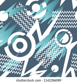 Abstract seamless geometric pattern with curved zigzag lines, rounds, arrows. grunge urban repeated backdrop for boy, sport textile, clothes, wrapping paper.  