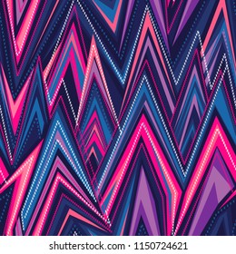 Abstract seamless geometric pattern with curved lines, threads. Knitted elements. Colorful repeated backdrop for girl, fashion textile, clothes, wrapping paper. Ethnic geometrical ornament. 