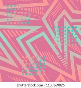 Abstract seamless geometric pattern with curved lines, dots, triangles. tender girlish backdrop for textile, clothes. wrapping paper.