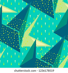Abstract seamless geometric pattern with curved triangles, dots, Shabby shape elements, colorful spray paint ink.