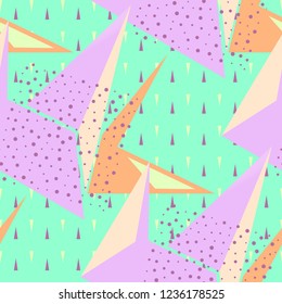 Abstract seamless geometric pattern with curved triangles, dots, Shabby shape elements, colorful spray paint ink.