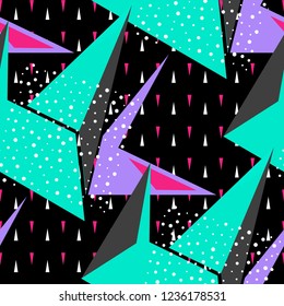 Abstract seamless geometric pattern with curved triangles, dots, Shabby shape elements, colorful spray paint ink.