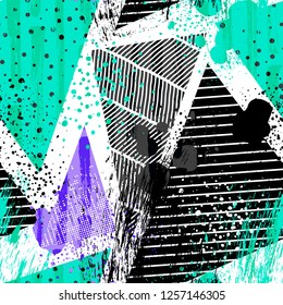 Abstract seamless geometric pattern with curved lines, dots, Shabby shape elements, colorful spray paint ink. Grunge urban pattern for boy, girl, sport clothes, wrapping paper.