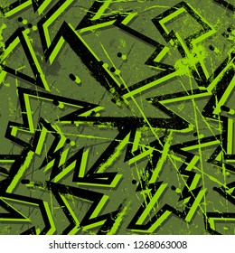 Abstract seamless geometric pattern with curved lines, spray paint ink elements. Grunge urban repeated backdrop for textile, clothes, wrapping paper.