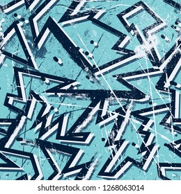Abstract seamless geometric pattern with curved lines, spray paint ink elements. Grunge urban repeated backdrop for textile, clothes, wrapping paper.