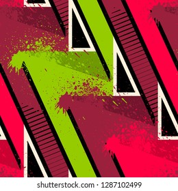 Abstract seamless geometric pattern with curved lines, dots, Shabby shape elements, colorful spray paint ink. Grunge urban pattern for boy, girl, sport clothes, wrapping paper.
