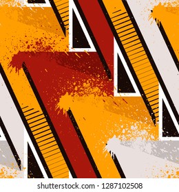 Abstract seamless geometric pattern with curved lines, dots, Shabby shape elements, colorful spray paint ink. Grunge urban pattern for boy, girl, sport clothes, wrapping paper.