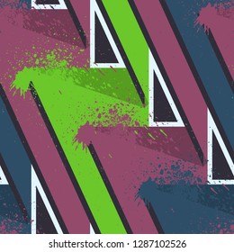 Abstract seamless geometric pattern with curved lines, dots, Shabby shape elements, colorful spray paint ink. Grunge urban pattern for boy, girl, sport clothes, wrapping paper.