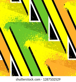 Abstract seamless geometric pattern with curved lines, dots, Shabby shape elements, colorful spray paint ink. Grunge urban pattern for boy, girl, sport clothes, wrapping paper.