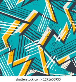 Abstract seamless geometric pattern with curved lines, dots, Shabby shape elements, colorful spray paint ink. Grunge urban pattern for boy, girl, sport clothes, wrapping paper. Gradient colors