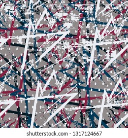 Abstract seamless geometric pattern with curved lines, dots, Shabby shape elements, colorful spray paint ink. Grunge urban pattern for boy, girl, sport clothes, wrapping paper.